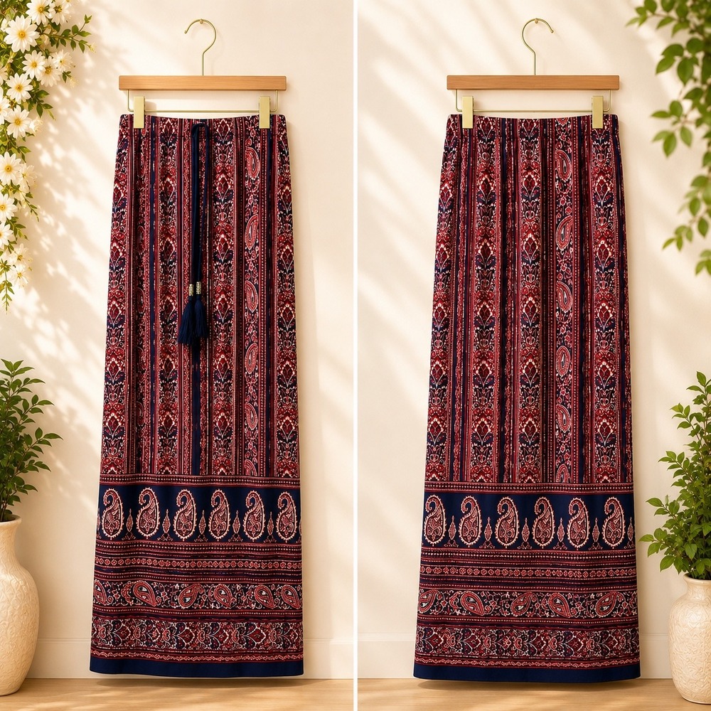 C.B. Established 1962 Red Navy Paisley Boho Maxi Skirt Plus Size 1X Tassels Slit
